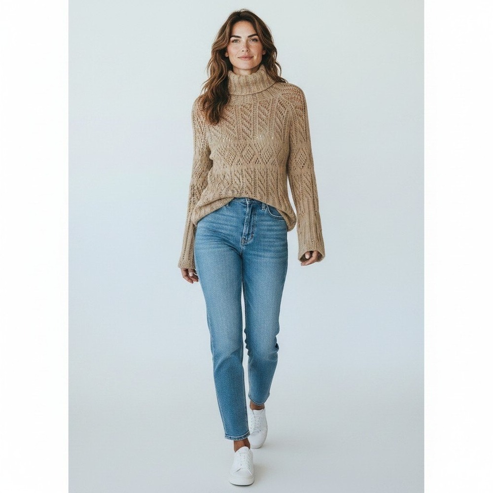 Vintage Tan Open Knit Turtleneck Sweater Crochet Bell Sleeve Boho Top M